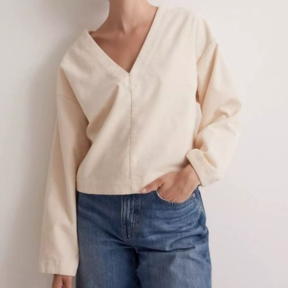MADEWELL Waffle-Knit Relaxed V-Neck Top S Cream Long Sleeve 100% Cotton NWT B15